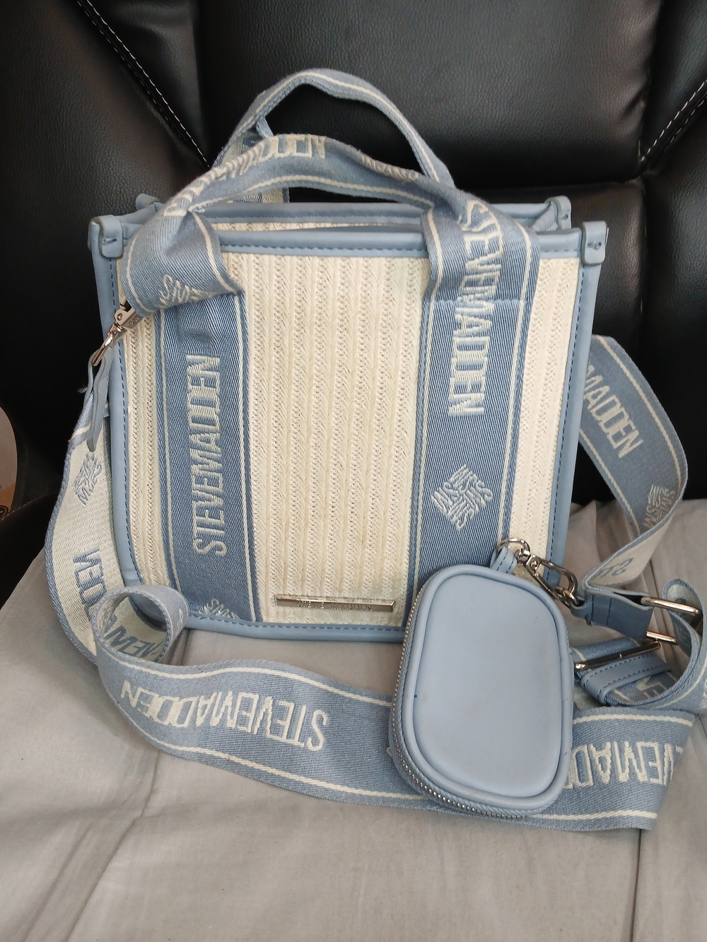 Steve Madden Blue & Cream Straw Crossbody Bag With Matching Coin Purse